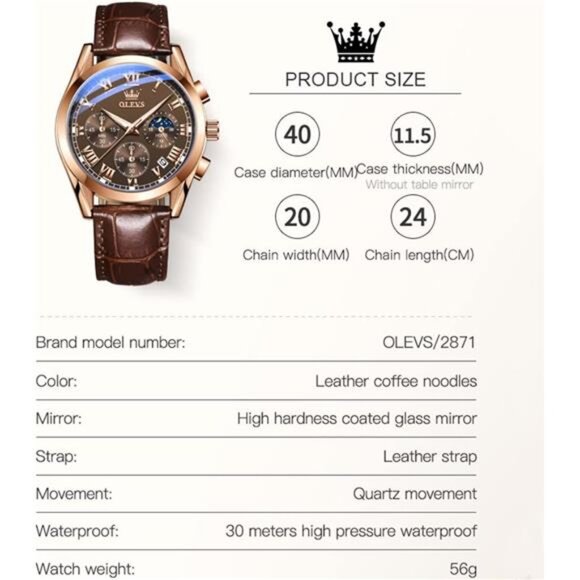 Men's Leather Strap Analog Quartz Watch - Fashion Big Dial Date Waterproof - Picture 7 of 7